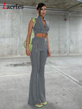 2023 Hollow Out Flare Trouser Set Summer Women Casual Solid Sleeveless Lapel Crop Top And Trumpet Long Pant Two Piece