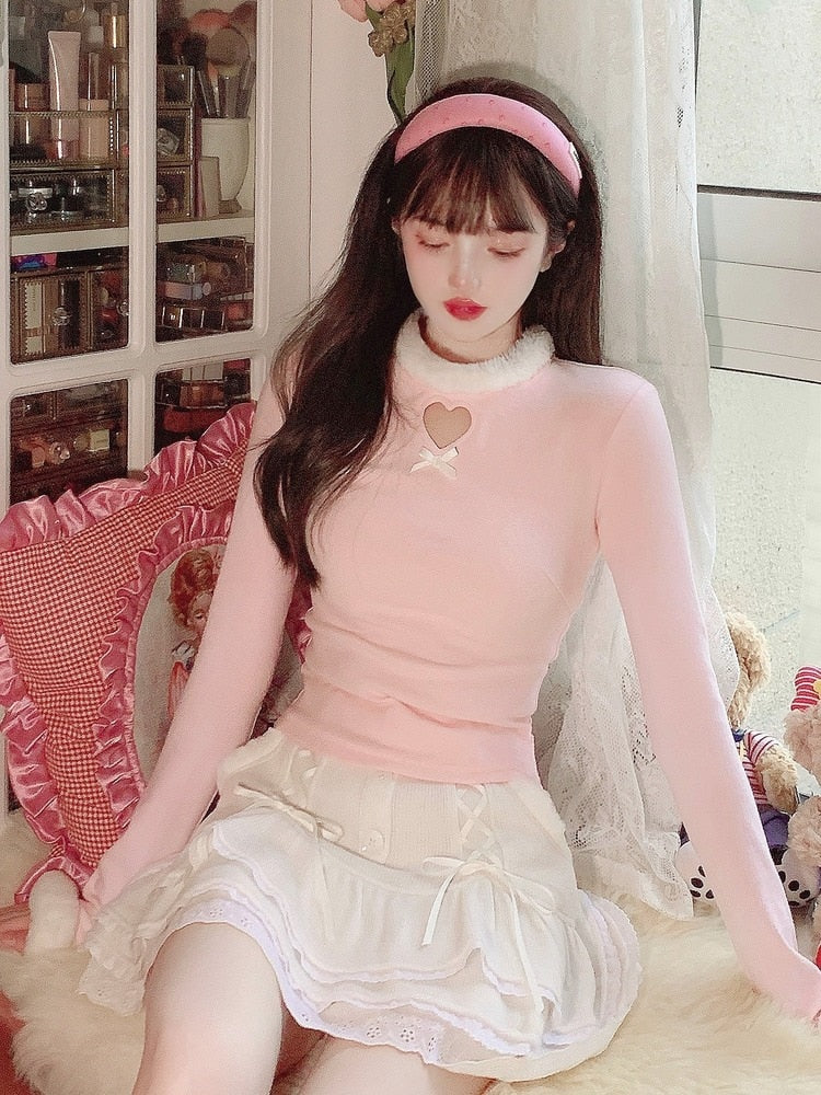 POSHOOT Japanese Pink Sweet Lolita Blouse Women Winter Warm Kawaii Knitted Blouse Female Long Sleeve Tops Korean Style Clothing 2022 New