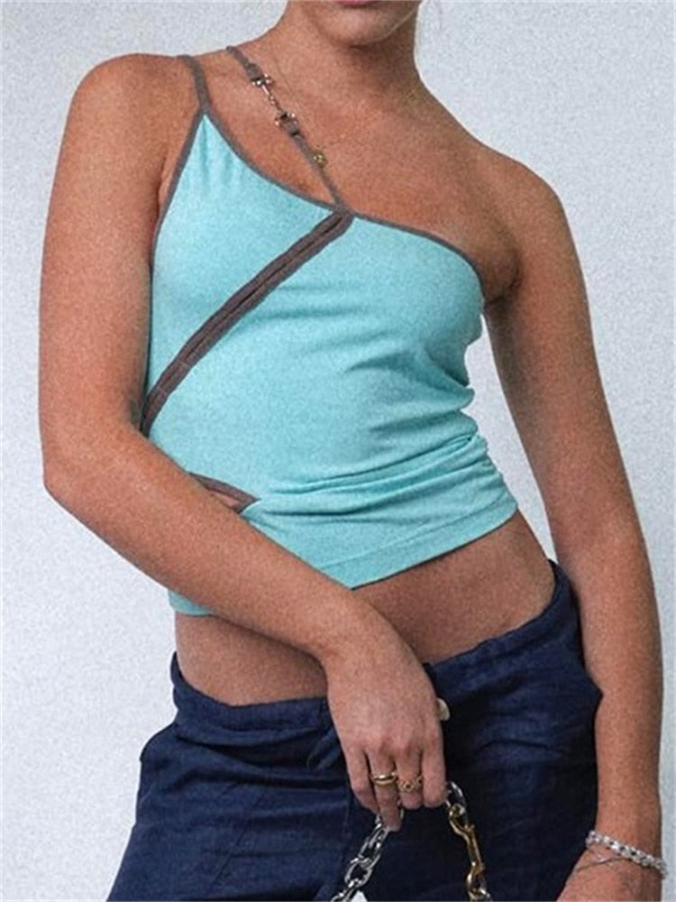Poshoot  Off Shoulder Single Strap Hollow Out Tank Crop Tops  Women Sleeveless Slim Fit Irregular Hem Vest Summer Clubwear
