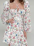 Poshoot Women's Long Puff Sleeve Backless Floral Printed Halter Corset Mini Dress Spring Summer Elegant Chiffon Beach Sexy Dresses