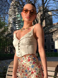 POSHOOT  Fashion Chic Strap White Crop Top Women Lace Patchwork Buttons Up Camisole Knit Cute Summer Tops Sleeveless Outfits