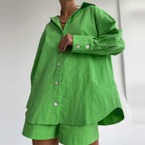 POSHOOT Casual Women Short Set Tracksuit Loungewear Two Piece Women Outfits Oversized Long Shirt And High Waist Shorts Green