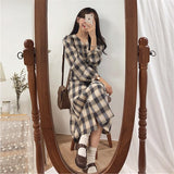 Poshoot Preppy Style Women's Dress Turn-Down Collar Plaid Summer Dress Women Long Sleeve Single Breasted Korean Dresses Women Casual