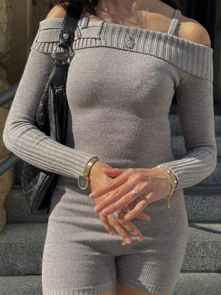 Knit Off-Shoulder Short Jumpsuit For Women Casual Summer Long Sleeve Shorts Playsuit Knitted Slim Bodycon Romper New 2023