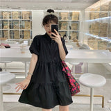 Poshoot Women Dresses Summer Sweet White Puff Sleeve Turn-Down Collar  A-Line Mini Dress Korean Short Sleeve Dresses For Women 2022