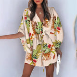 Poshoot Summer Mini Loose Dress Casual Drawstring Tie-Up Fashion Print Batwing Sleeve Beach Sexy Button V Neck Women Party Dresses