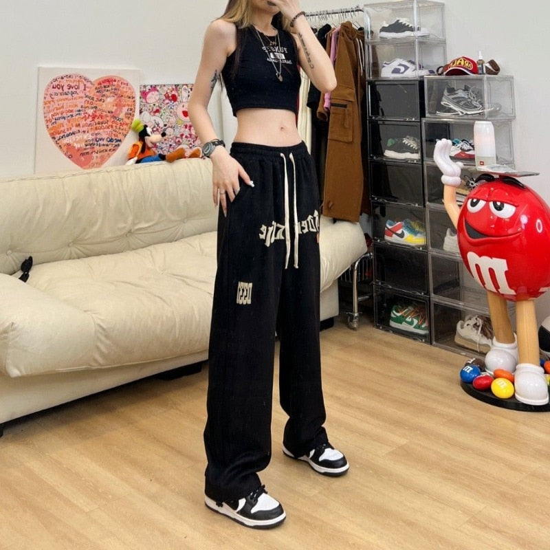 Poshoot  Autumn Outfits     Kpop Hippie Letter Black Sweatpants Women Harajuku Streetwear Oversize Sports Pants Vintage Wide Leg Jogger Trousers