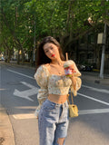 POSHOOT Spring Summer Korean Vintage Floral Printed Flare Sleeve Lacing Casual Shirt Women Square Collar Sweet Crop Top Elegant Blouse