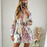 MULTICOLORED FLORAL PRINT Summer DRESS Women Buttons Down Belted Long Sleeve Woman Dress New Elegant Ladies Dress