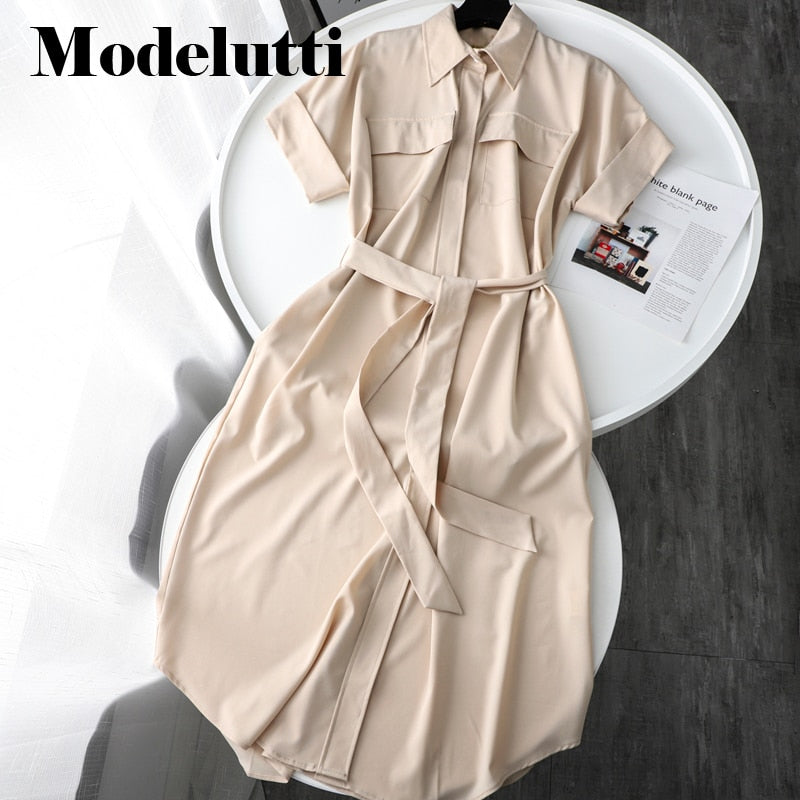 Back To School Poshoot 2022 New Spring Summer Fashion Short Sleeve Shirt Dress Belt Pocket Decorate Women Solid Color Simple Casual Female
