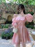 Poshoot  fashion inspo  Tie Dye Fairy Dress Summer High Waist  Open Back Off Shoulder Lantern Sleeve Sweet Strap Dress Mini Dresses for Women Holiday