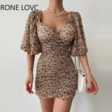 Women Chic Half Long Lantern Sleeves All Over Print with Disty Floral Pattern Shirring Mini Bodycon Sexy Party Dress