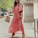 Poshoot Boho Loose Maxi Dress Women Elegant Summer 2022 Geometric Ankle-Length V-Neck Puff Sleeve Holiday Beach Dresses Party Vestidos