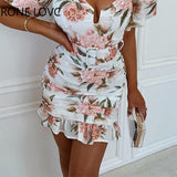 Women Chic Half Lantern Sleeves Ruffles Hem Floral Print with Belt A-line Party Mini Sexy Dress