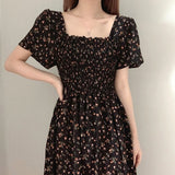 Poshoot Dresses For Women Sweet Puff Sleeve Floral Print Square Collar Mid-Calf Summer Dress Korea Chic Slim Women's Summer Sundresses