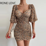 Women Chic Half Long Lantern Sleeves All Over Print with Disty Floral Pattern Shirring Mini Bodycon Sexy Party Dress