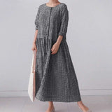 POSHOOT Fashion Women's Dress Spring And Autumn Temperament Commuter Cotton Linen Plaid Cotton Black Pink Loose Cardigan Dress