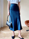 Satin Silk Skirts for Women 2023 Summer Korean Fashion Balck Midi A-line Long Beautiful Gril Skirt Blue High Waist Female Skirts