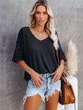 Poshoot 2023 Women Summer Casual Solid Short Sleeve T-Shirt Basic V-Neck Batwing Sleeve Tops Fashion Loose Breathable Knitted Pullover Tees