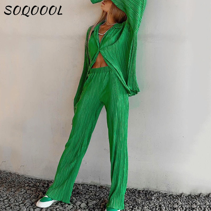 Poshoot Women's Suit Loose Two Piece Set Pleated Long Sleeve Shirt High Waist Wide Leg Pants 2022 Casual Elegant Office Ladies Outfits