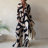 Poshoot Striped Print 2 Piece Set Women Loose Long Sleeve Blosue Wide Leg Pants Suit 2022 Elegant Office Ladies Outfits Summer Tracksuit