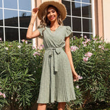 Poshoot Bandage Flroal Green Dress For Women Summer Boho V Neck Pleated A Line Midi Dresses Beach Casual Vacation Elegant Girl Robe 2022