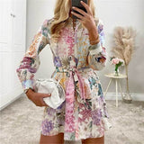 MULTICOLORED FLORAL PRINT Summer DRESS Women Buttons Down Belted Long Sleeve Woman Dress New Elegant Ladies Dress