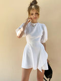 Poshoot 2022 French-Style Lantern Sleeve Cotton-Hemp Ruffled Dresses Lace Up Backless Design-Oriented Mini Dress