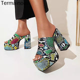 POSHOOT  Square Toe Slippers Women Fashion Sandals Animal Pattern Chunky Heel PU Slip-On Shoes New Style Opened Toe Slippers