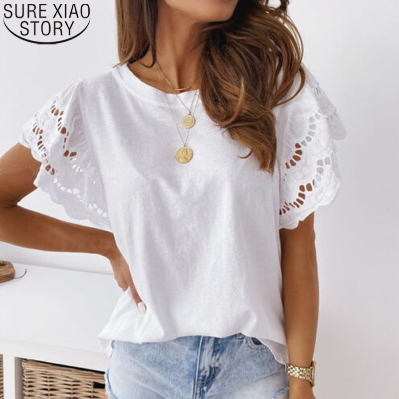 Poshoot 2022 Fashion Casual Cotton Loose Women Shirts Short Sleeve Summer Blouse O Neck Hollow Out Lace Patchwork White Shirt Tops 19012