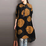 POSHOOT Literary National Style Dress Retro Printing Women's Cotton Pullover Round Neck Over The Knee A-Line Skirt Long Pullover