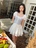POSHOOT Summer Korea Sweet Two-Piece Set Women Cute Blue Blouse + Casual Elegant Mini Skirts White Japanese Fashion Female Skirt Set New