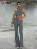 2023 Hollow Out Flare Trouser Set Summer Women Casual Solid Sleeveless Lapel Crop Top And Trumpet Long Pant Two Piece