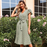 Poshoot Bandage Flroal Green Dress For Women Summer Boho V Neck Pleated A Line Midi Dresses Beach Casual Vacation Elegant Girl Robe 2022