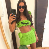 POSHOOT Beach Summer Dress Set 2022 Tie Up Crop Top And Mini Skirt Green White Holiday Club Party Short Dress Women Outfits