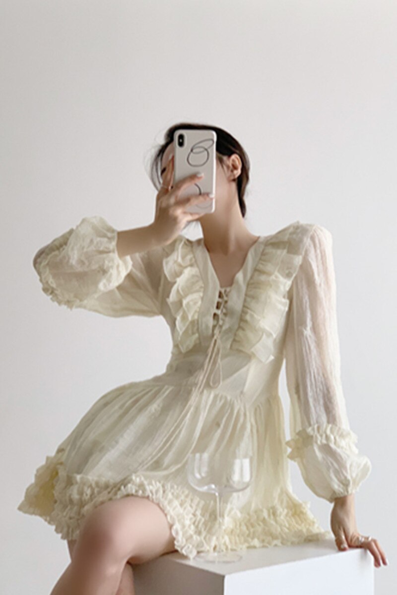 Poshoot  fashion inspo  Ruffled Long Sleeve Dress Women's Spring Summer Sweet V-Neck Princess Mini Dress Korean Vintage Party Fairy Dress Vestidos
