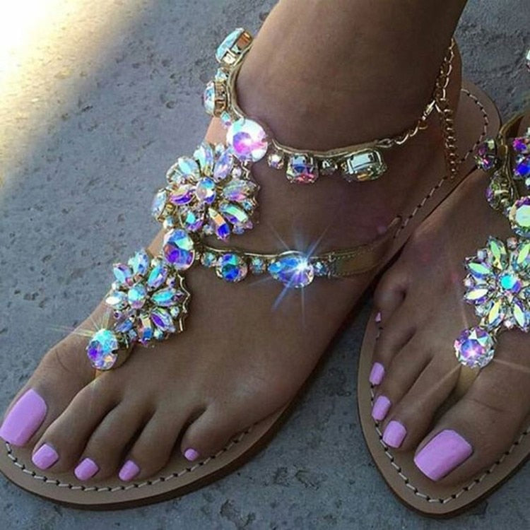 POSHOOT Termainoov Women Sandals Rhinestones Chains Bling Beach Shoes Gladiator Sandal Women Flats Crystal Plus Size 46