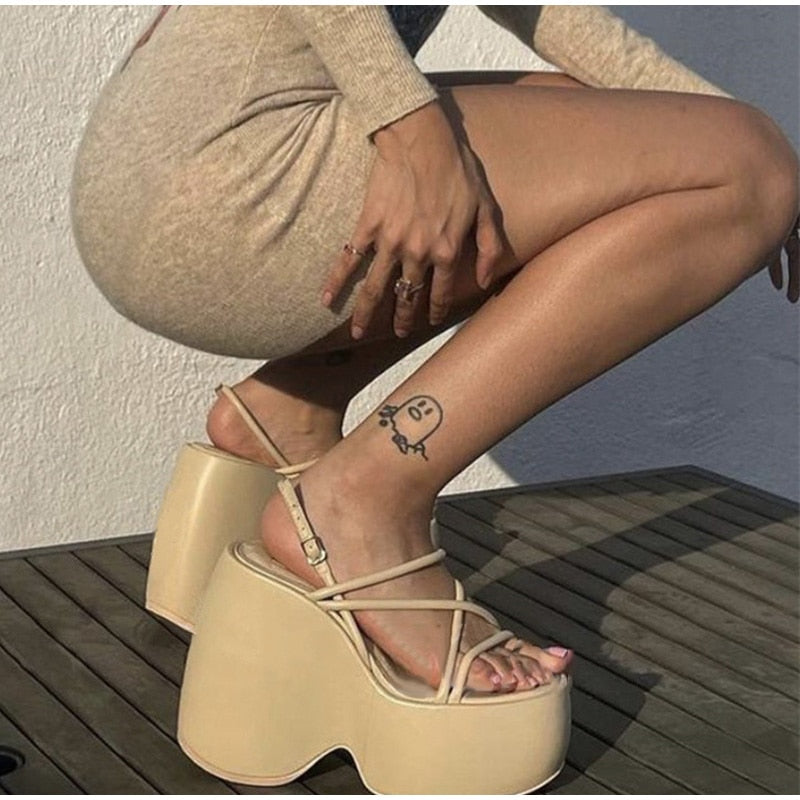 POSHOOT Women Sandals 2022 New Fashion Platform Female Pu Wedges Party Shoes Ladies Buckle Straps Solid Cilor Peep Toe Wedding Footwear