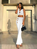 2023 Hollow Out Flare Trouser Set Summer Women Casual Solid Sleeveless Lapel Crop Top And Trumpet Long Pant Two Piece