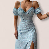 Poshoot Short Sleeve Chic And Elegant Midi Dress For Women Backless Split Printed Fashion Long Corset Off Shoulder Dresses Female 2022