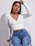 Poshoot 2023 Women Casual Solid Long Sleeve Crop T-shirt Fashion V-Collar Bare Midriff Stretch Tops Ribbed Knitted Elastic Slim Skinny Tees