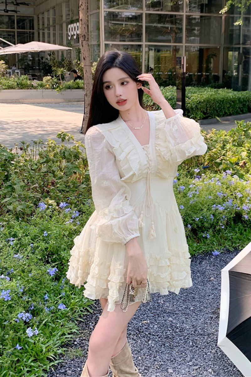 Poshoot  fashion inspo  Ruffled Long Sleeve Dress Women's Spring Summer Sweet V-Neck Princess Mini Dress Korean Vintage Party Fairy Dress Vestidos
