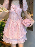 POSHOOT Summer Floral Kawaii Party Mini Dress Women Print Pink Korean Style Chic Fairy Dress Puff Sleeve Princess Sweet Cute Dress 2022