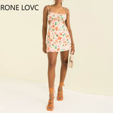 POSHOOT Women Elegant Spaghetti Strap All Over Print With Floral Drawstring Midriff Mini Hollow Out Beach Vacation Sexy Dresses