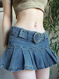 POSHOOT  Y2K Vintage Fashion Belt Low Waist Denim Skirt Summer 2000S Aesthetic Hot Mini Pleated Skirt Female Lined Short Chic