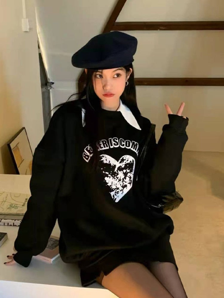 Poshoot Autumn Outfits    Korean Fashion Letter Black Sweatshirts Women Y2k Gothic Long Sleeve Pullover Harajuku Streetwear Oversize Loose Tops