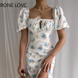 Women Chic Lace Up Short Lantern Sleeves All Over Disty Floral Print Sweet Maxi A-line High Silt Party A-line Dress