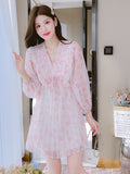 Poshoot  fashion inspo  V-Neck  Long Sleeve Flower Dress High Waist  A-Line Pleated Dress Mini Dress for Women Summer New Vestidos De Mujer