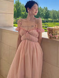 POSHOOT Summer Pink Casual Beach Fairy Dress 2022 Boho France Elegant Strap Dress Women Chiffon Korean Style Sweet Party Midi Dress New