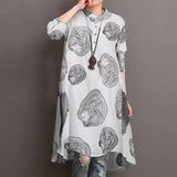 POSHOOT Literary National Style Dress Retro Printing Women's Cotton Pullover Round Neck Over The Knee A-Line Skirt Long Pullover